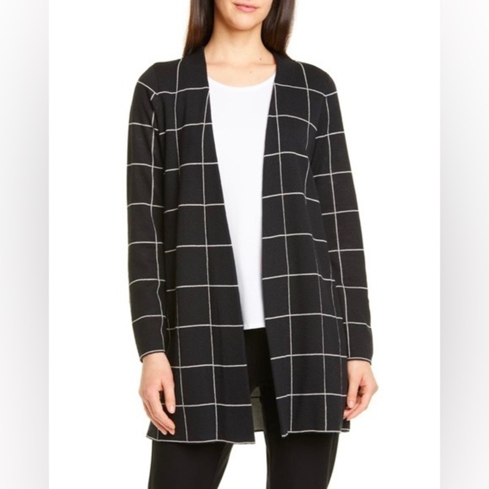 NEW Eileen Fisher 100% Wool Windowpane Check Long Cardigan Black L Career Casual